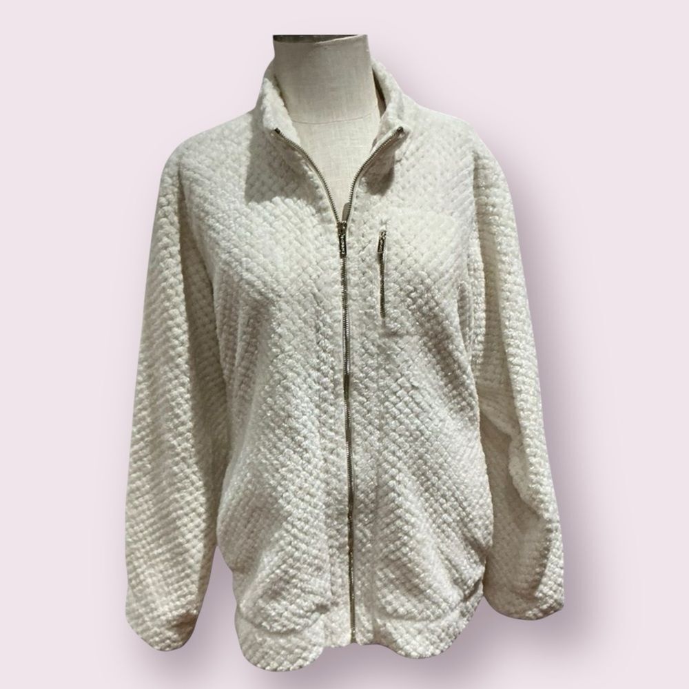 Calvin Klein Teddy Fleece Jacket Womens 2X Cream Sherpa Zip Cozy Coat